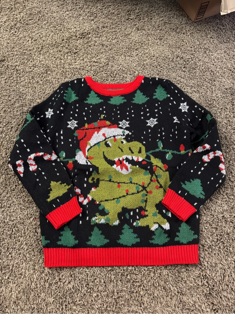 Men's Black Holiday Dinosaur Sweater with Red Trim